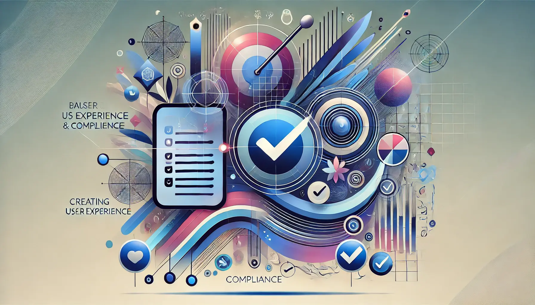 Abstract representation of balancing user experience with compliance in app store guidelines, featuring symbols of user interface elements and checks.