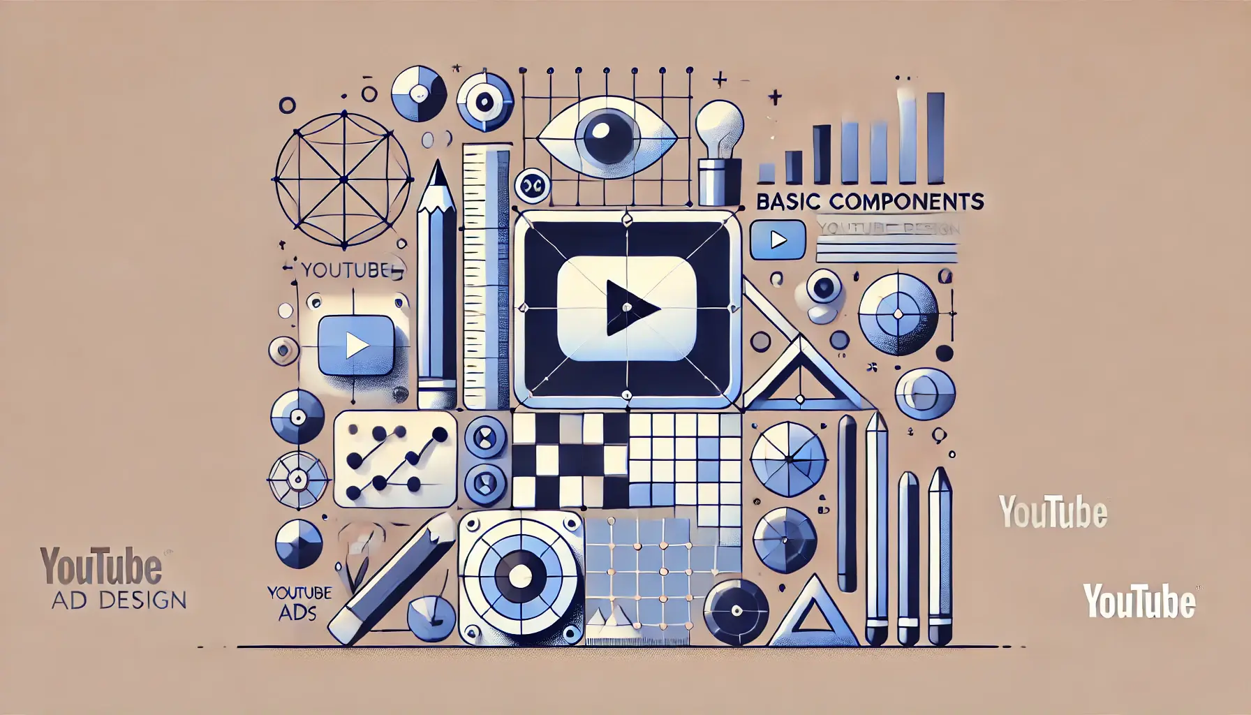 An image symbolizing the foundational elements of YouTube ad design, with abstract visuals of shapes, grids, and design components like icons and branding.