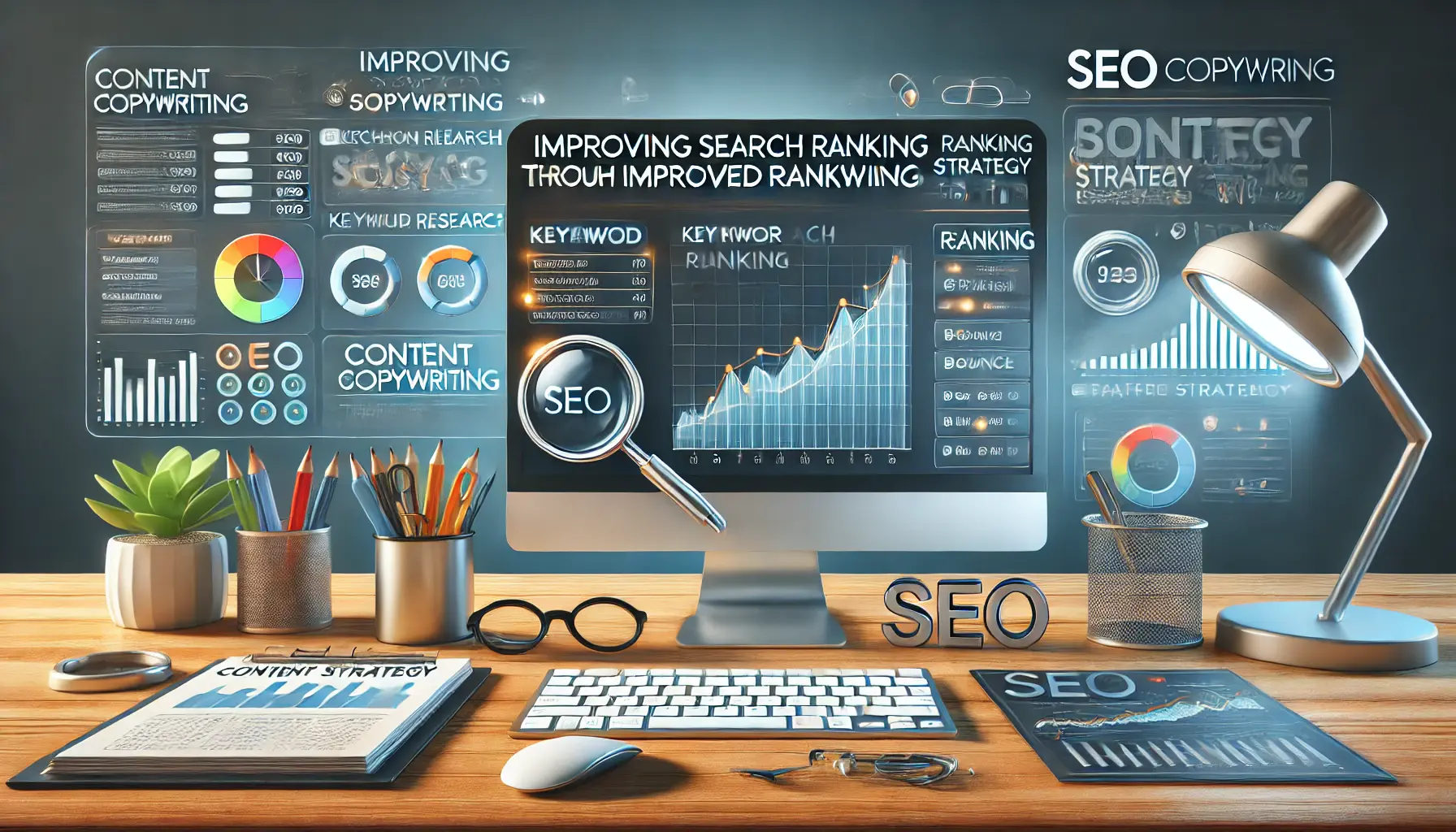 A modern workspace showing SEO keyword research tools and ranking analytics on a laptop, with charts showing upward trends, magnifying glass over keyword lists, and clear content sections.