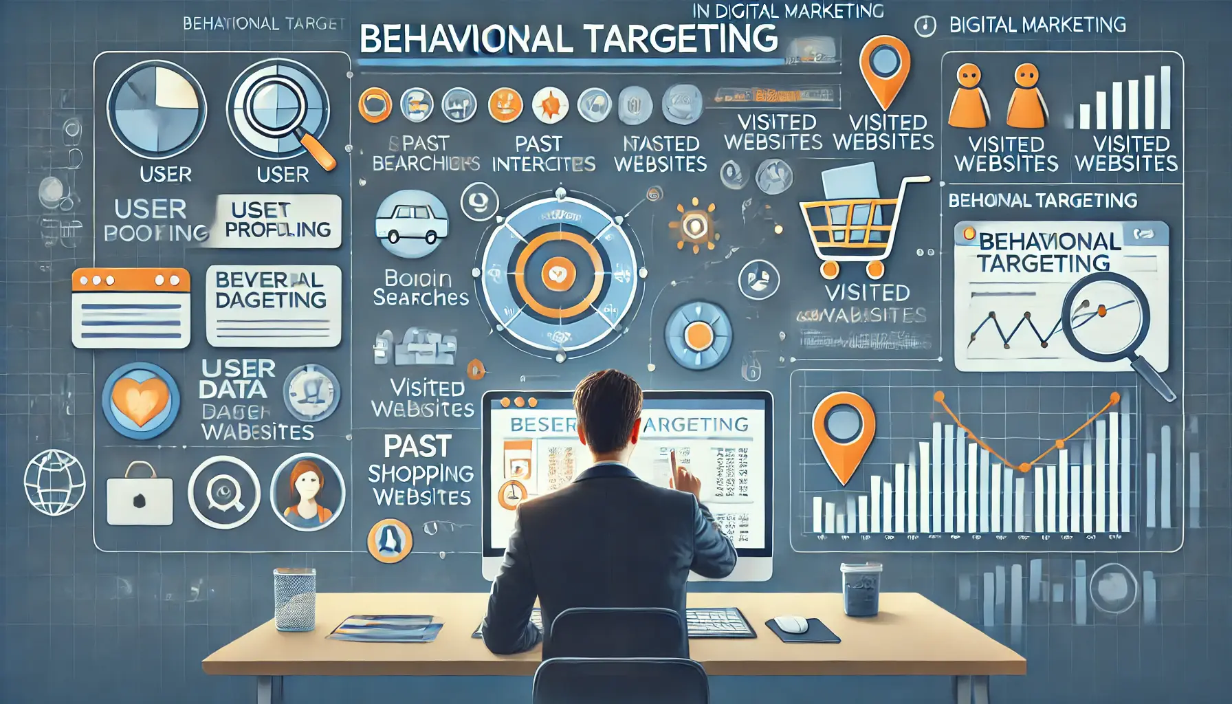 Marketer using a dashboard to analyze user behavior data for behavioral targeting in digital marketing