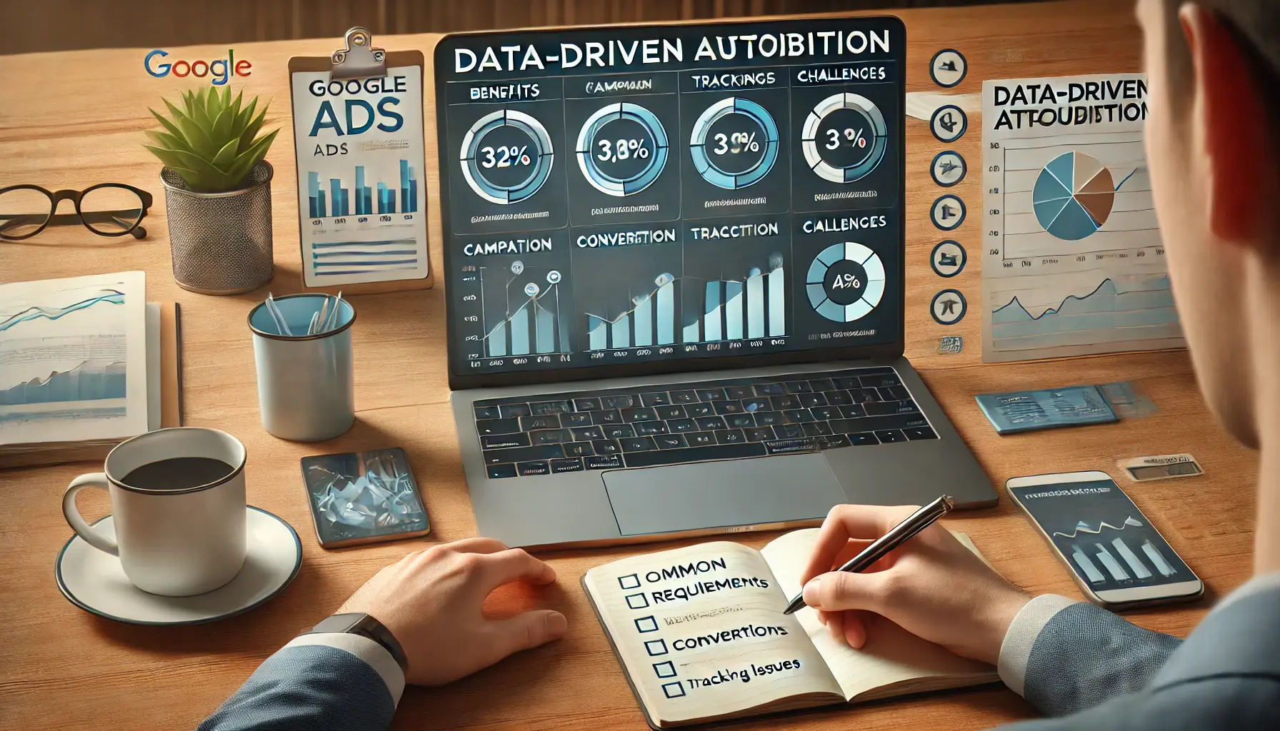 Digital marketer analyzing benefits and challenges of data-driven attribution on a Google Ads dashboard with performance metrics and conversion tracking.