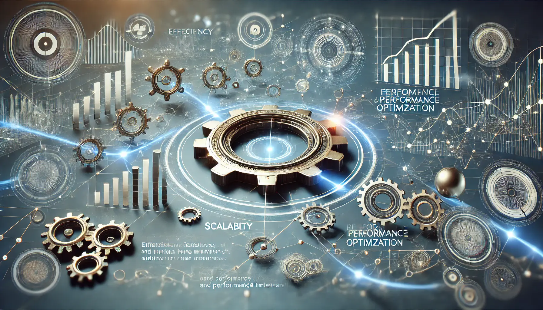 Abstract representation of advertising automation benefits with interconnected nodes and gears symbolizing efficiency and scalability