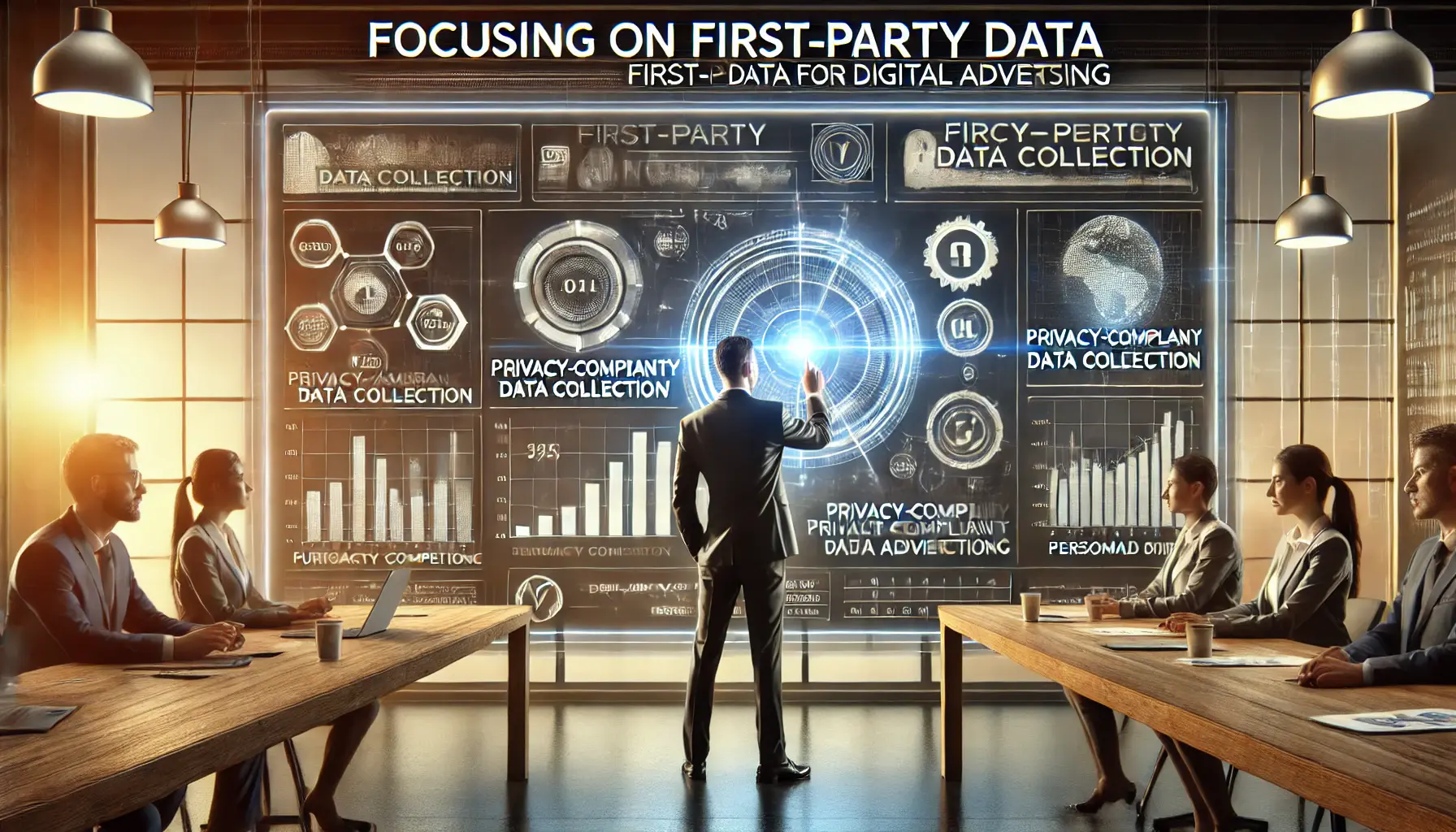 A marketer analyzing customer data on a high-tech dashboard with graphs and metrics, representing the benefits of using first-party data for digital advertising.