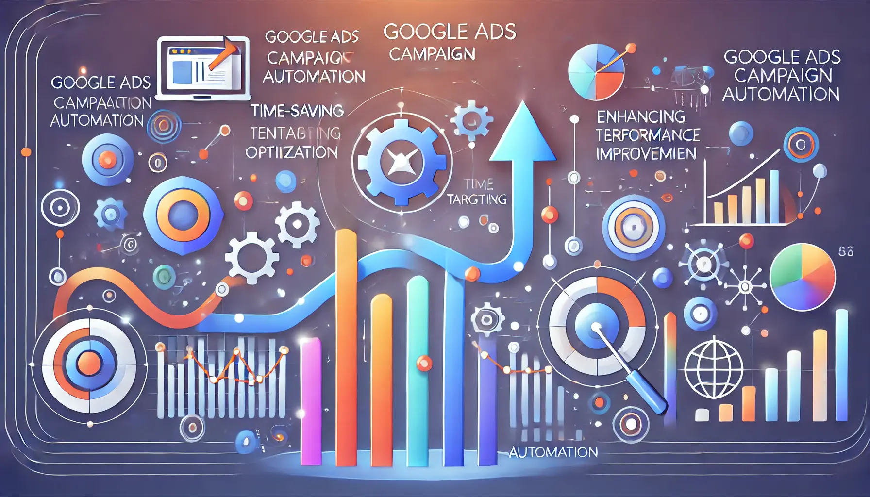 Abstract representation of the benefits of Google Ads campaign automation with upward arrows, flowing data lines, and interconnected nodes symbolizing optimization