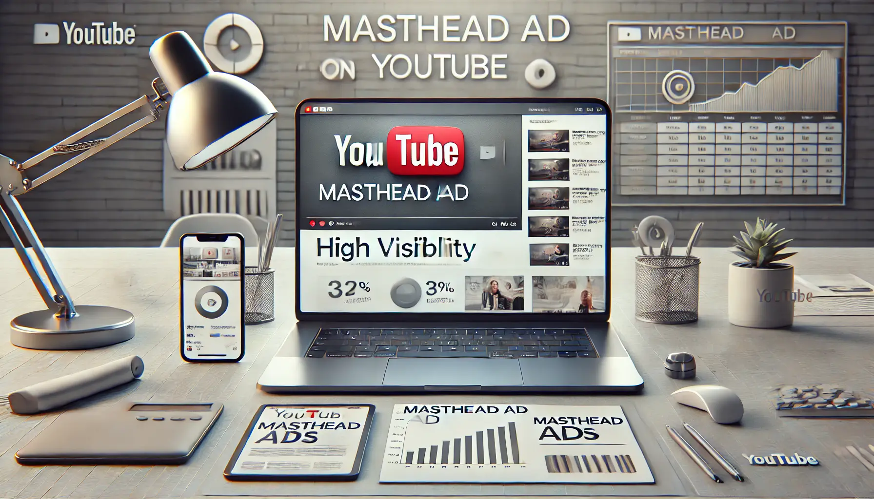 Laptop screen displaying a prominent Masthead ad on YouTube's homepage in a digital marketing workspace with campaign data on other devices.