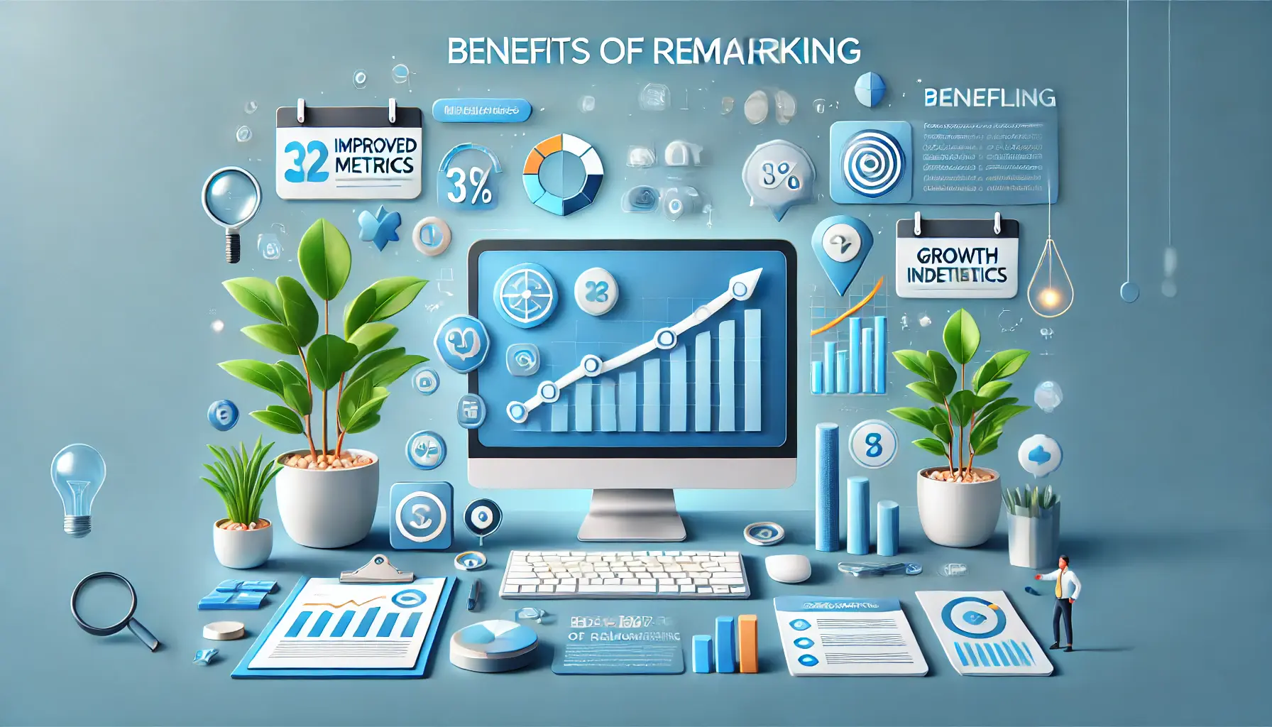 Digital scene showing a computer screen with growth indicators, improved metrics, and user interactions representing the benefits of remarketing.