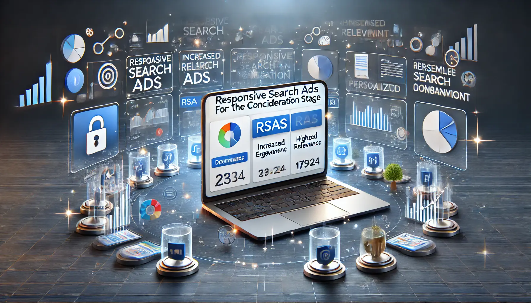 Digital marketing scene with a laptop displaying a Google Ads interface showing optimized RSAs for the consideration stage, surrounded by icons representing engagement, relevance, and tailored content.