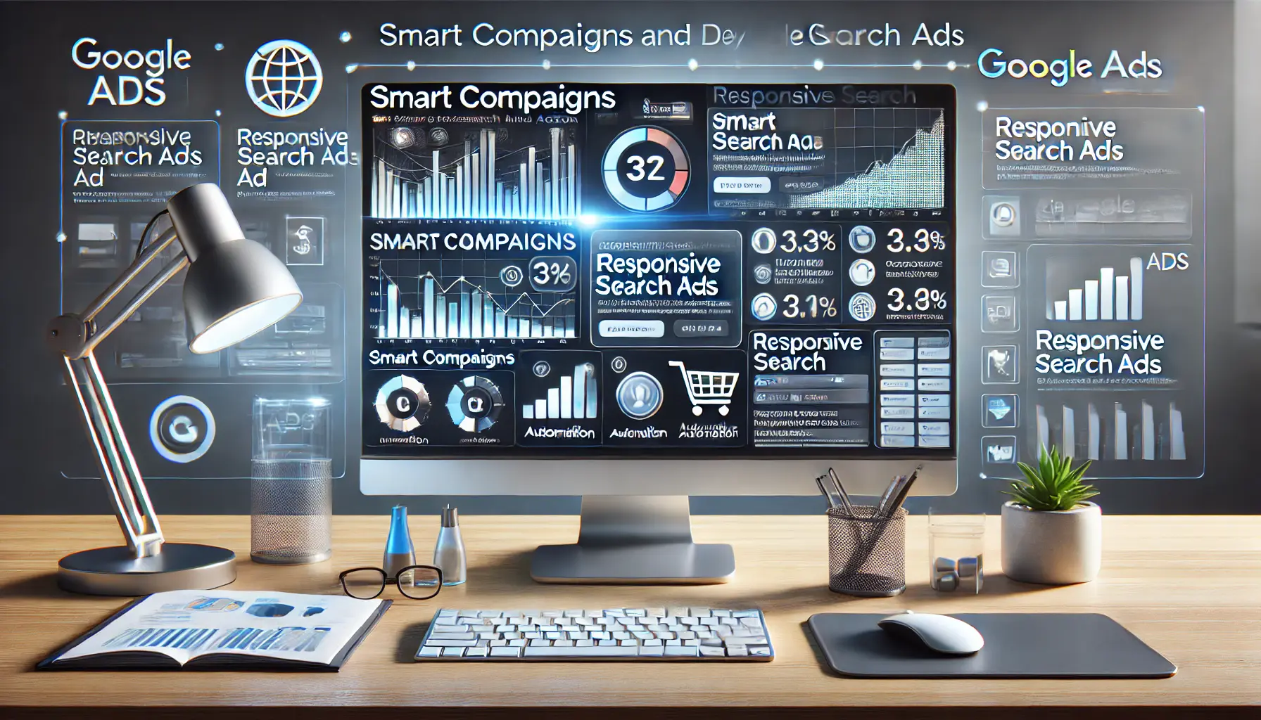 A digital marketing workspace displaying Google Ads Smart Campaigns and Responsive Search Ads on a dashboard, showing automated campaign creation and performance optimization.