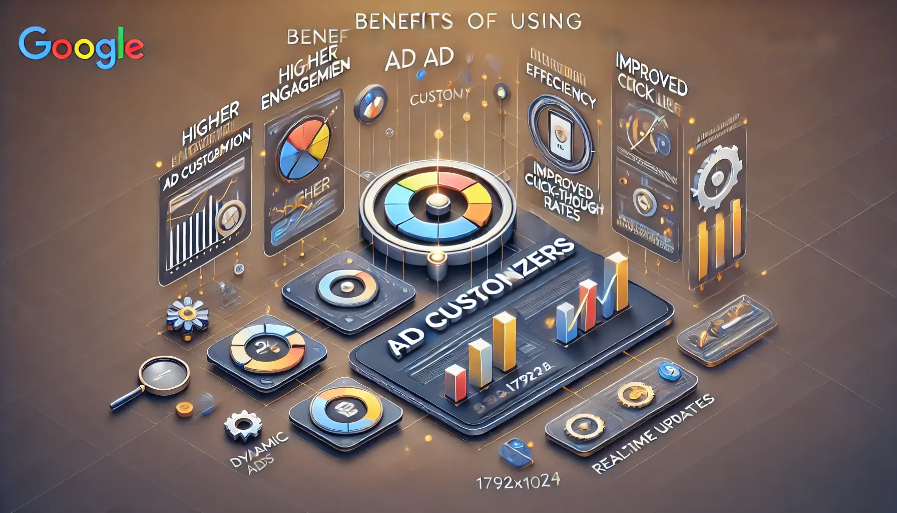 A visual of an analytics dashboard with icons representing higher engagement, improved click-through rates, and real-time ad updates, symbolizing the benefits of ad customizers.