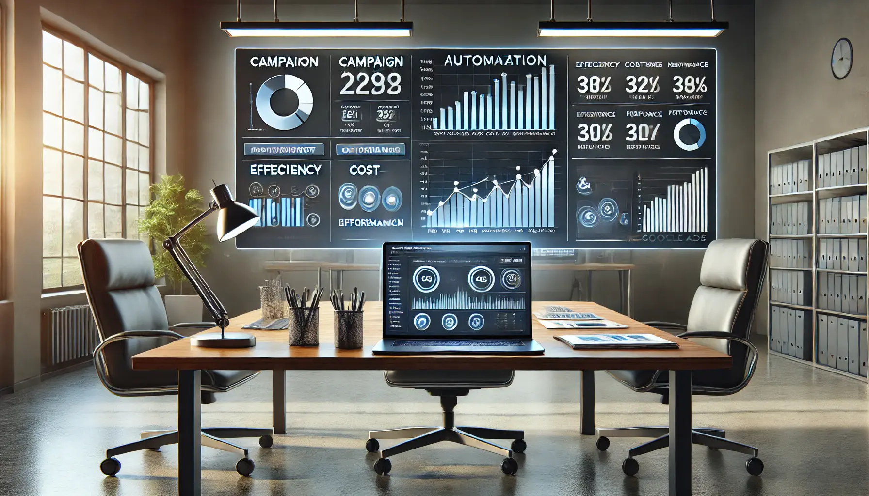 A modern workspace displaying a laptop with Google Ads dashboard showing graphs of campaign performance and optimization metrics.