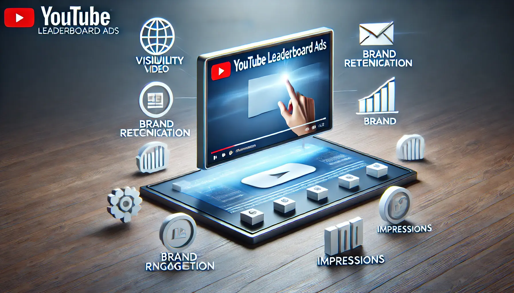 Image illustrating the benefits of YouTube Leaderboard Ads with icons for visibility, engagement, and brand recognition.