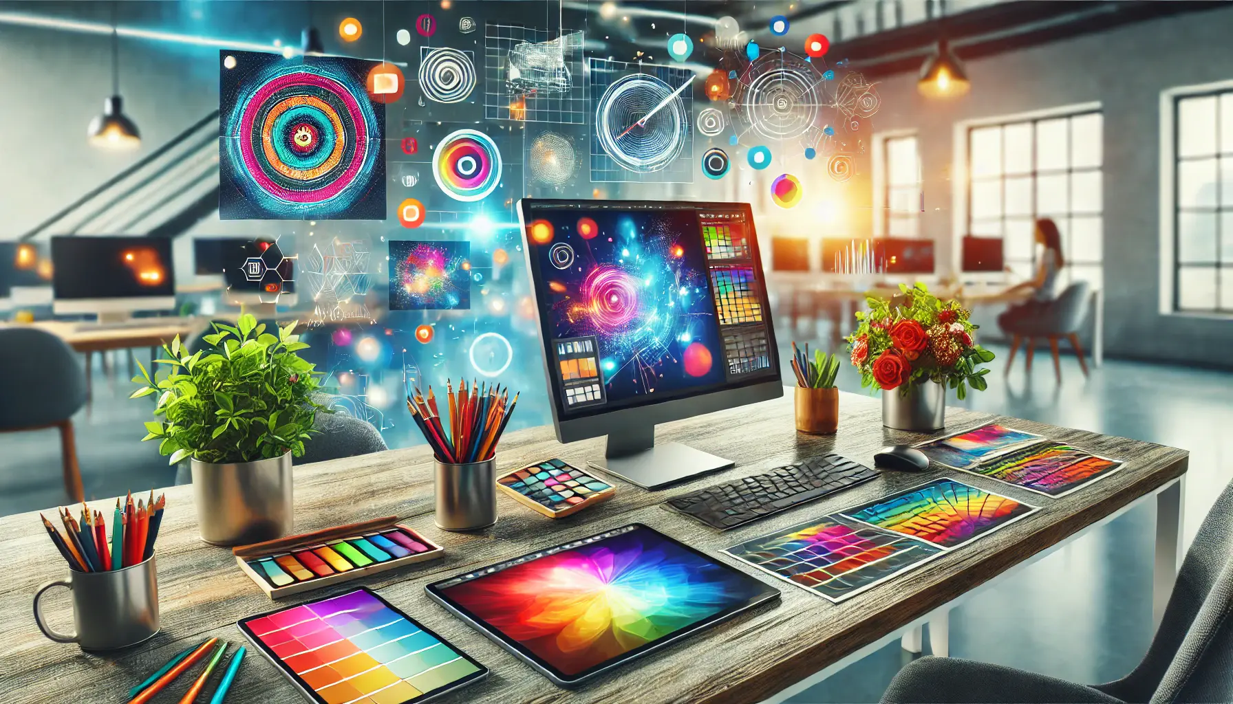 Creative workspace with a designer's desk showing a tablet, color palettes, and a monitor displaying visually appealing thumbnails, representing artistic elements in digital marketing.