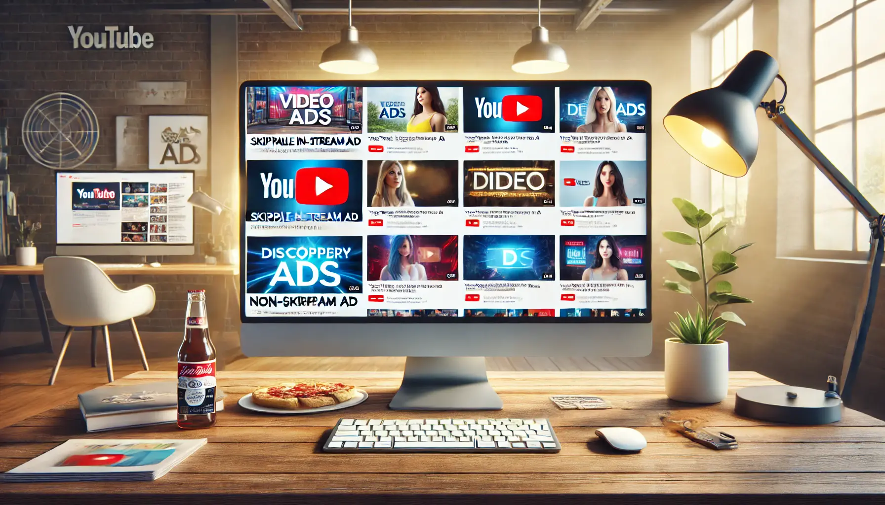 Computer screen displaying various YouTube ad formats in a professional digital marketing workspace.