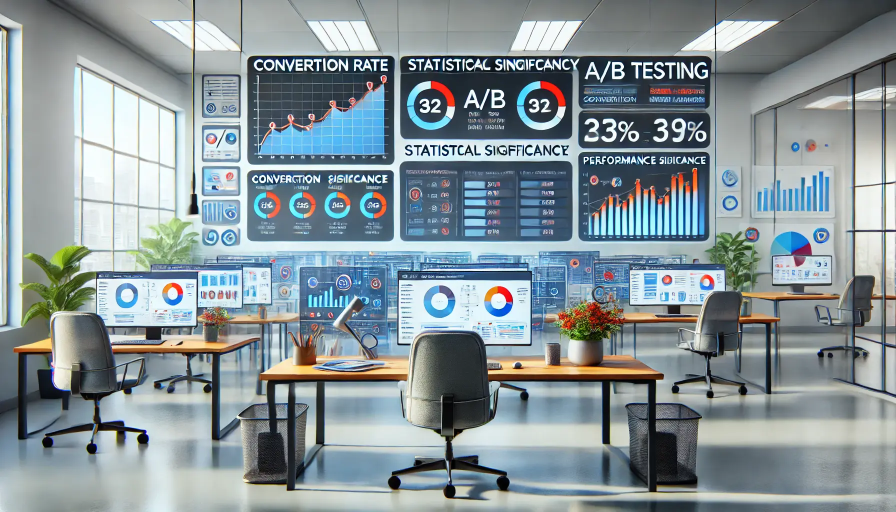 A digital marketing dashboard displaying A/B testing metrics like conversion rate and statistical significance with colorful charts and graphs.