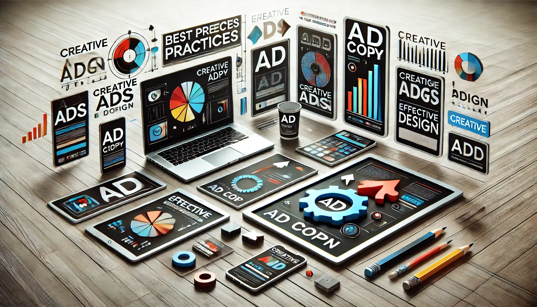 A digital marketing scene showing creative ads displayed on multiple devices, symbolizing best practices in ad copy and design for effective engagement.