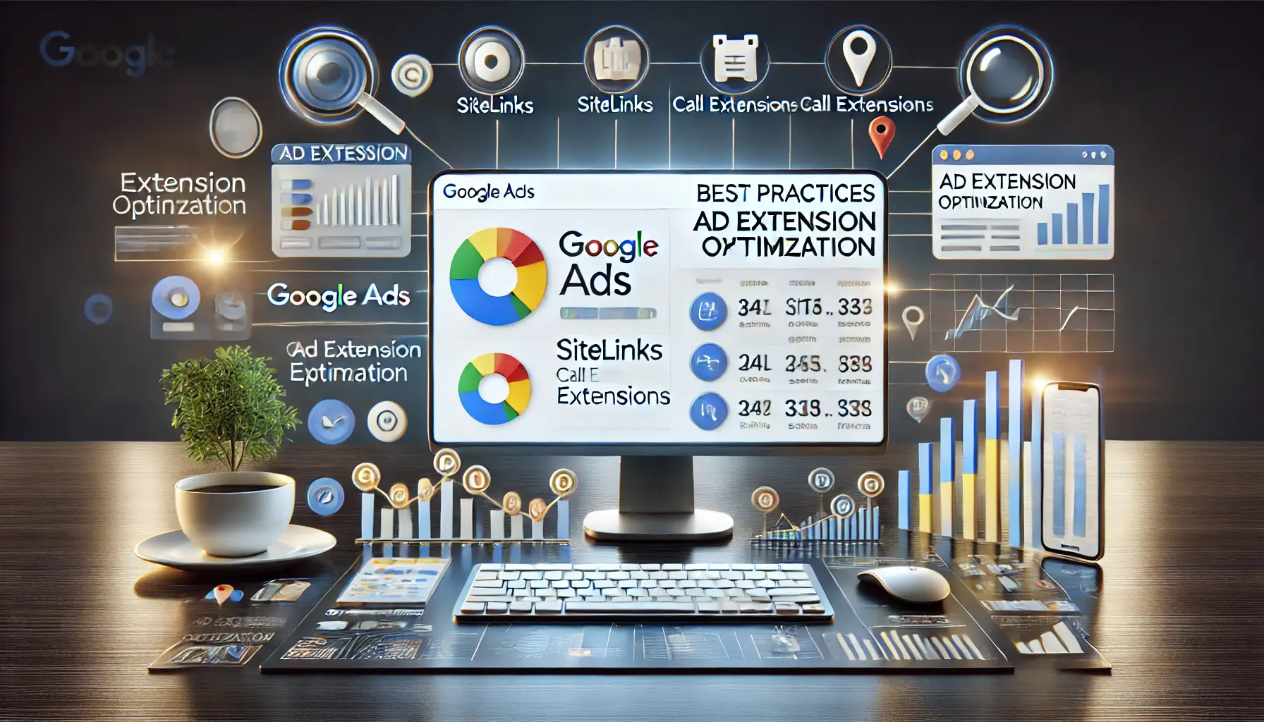 A Google Ads dashboard showing different ad extension types like sitelinks, call extensions, and location details, with performance charts reflecting optimization, surrounded by abstract symbols representing fine-tuning and enhancement.