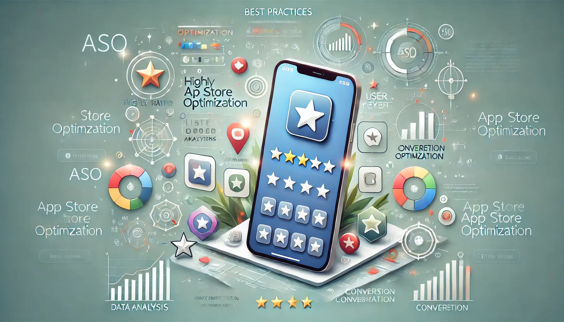 Illustration of best practices for App Store Optimization, featuring a mobile device displaying an app store interface with star ratings, optimized keywords, and a well-designed app icon.