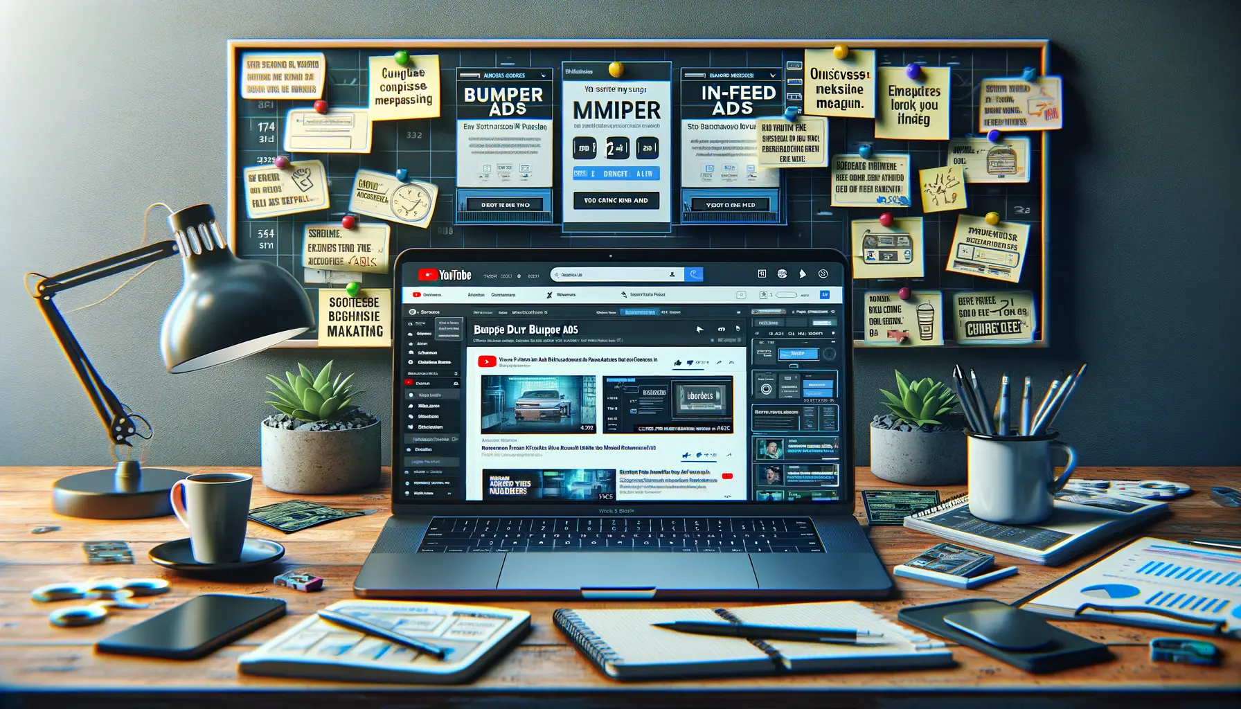 A workspace with a laptop displaying YouTube ad strategies for bumper and in-feed ads, surrounded by sticky notes with key tactics.