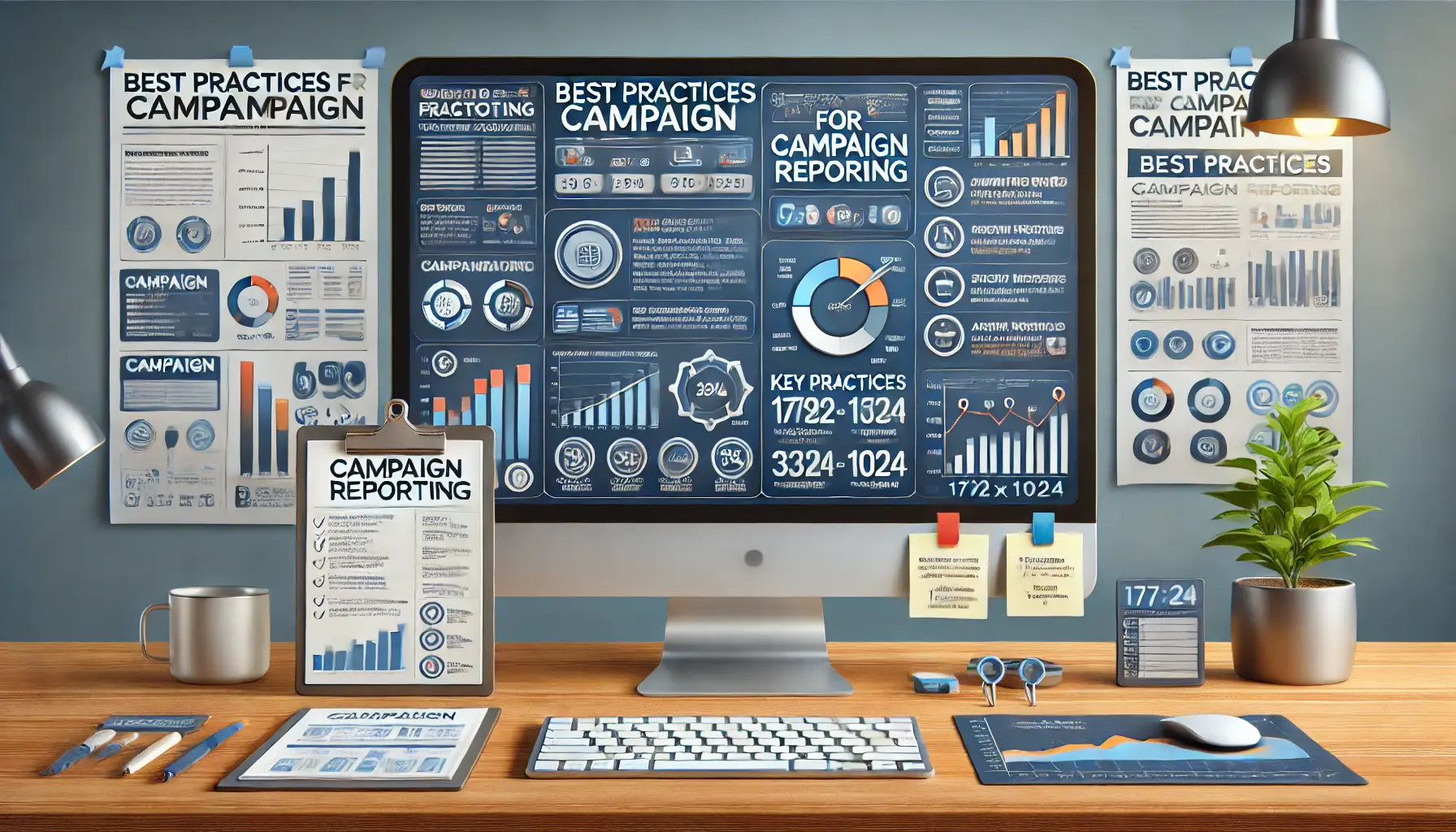 Image depicting a digital workspace with a computer showing a detailed campaign report featuring charts, graphs, and key metrics.