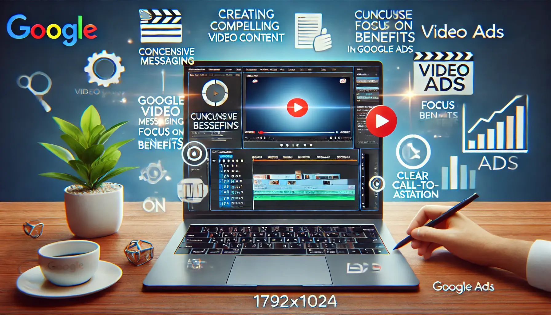 Digital marketing scene with a laptop displaying a video editing interface, surrounded by icons representing video content best practices such as concise messaging and clear call-to-action.