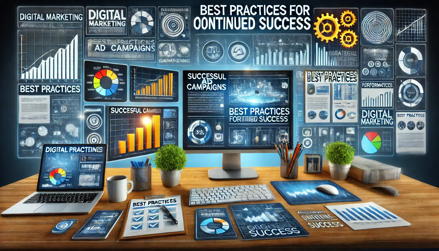 A computer workstation displaying successful ad campaigns and performance metrics with strategic planning tools.