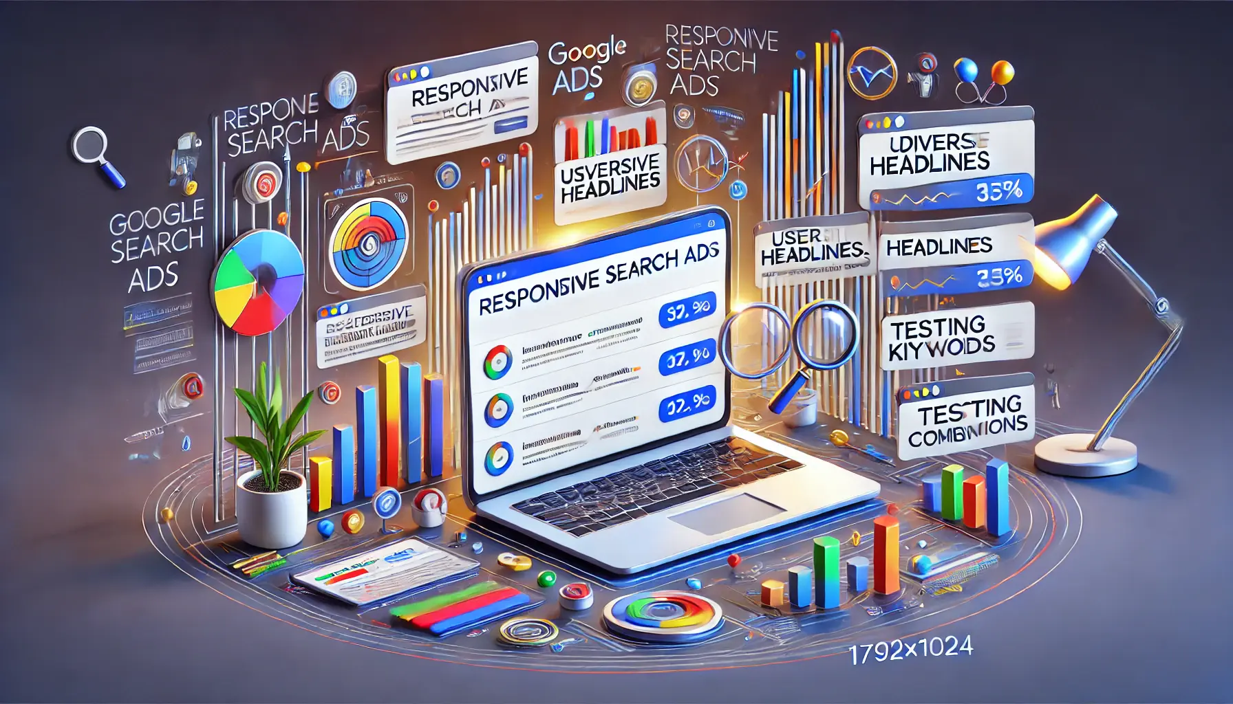 Digital marketing scene with a laptop displaying a Google Ads interface for responsive search ads, showing multiple headlines and descriptions being tested for optimization, surrounded by visuals representing best practices.