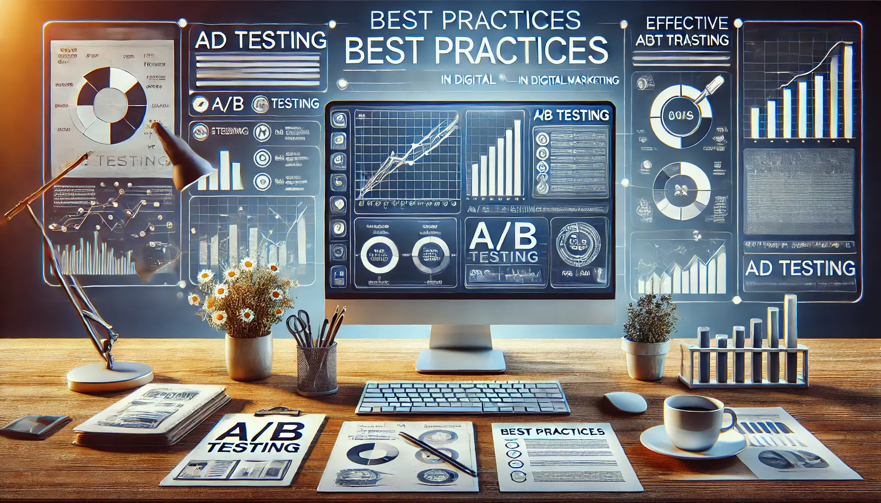 A computer workspace displaying charts and analytics that illustrate best practices for ad testing.