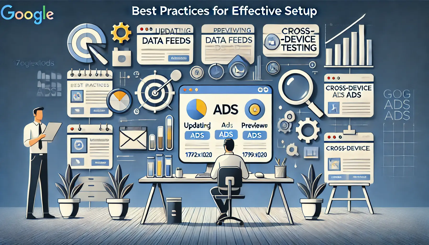 A professional workspace with icons for updating data feeds, previewing ads, and cross-device testing, symbolizing best practices in setting up ad customizers in Google Ads.