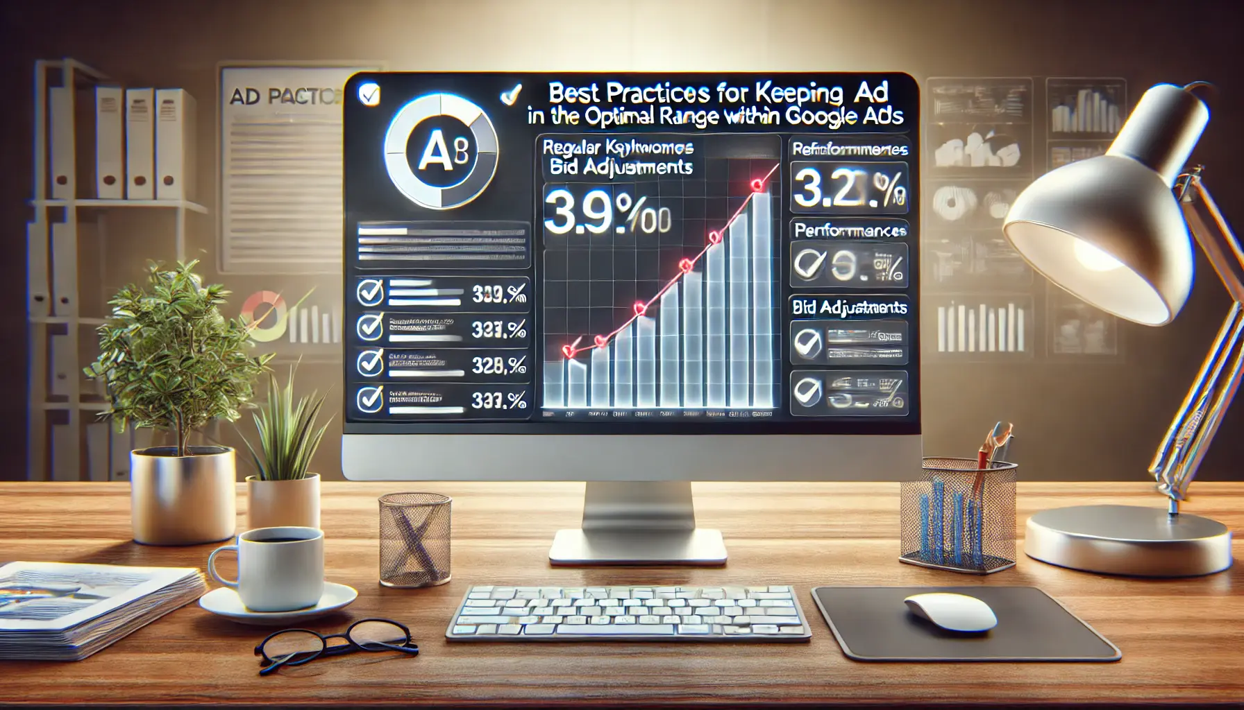 A realistic illustration depicting best practices for maintaining optimal ad positions in Google Ads, featuring a computer screen with a dashboard showing performance metrics.