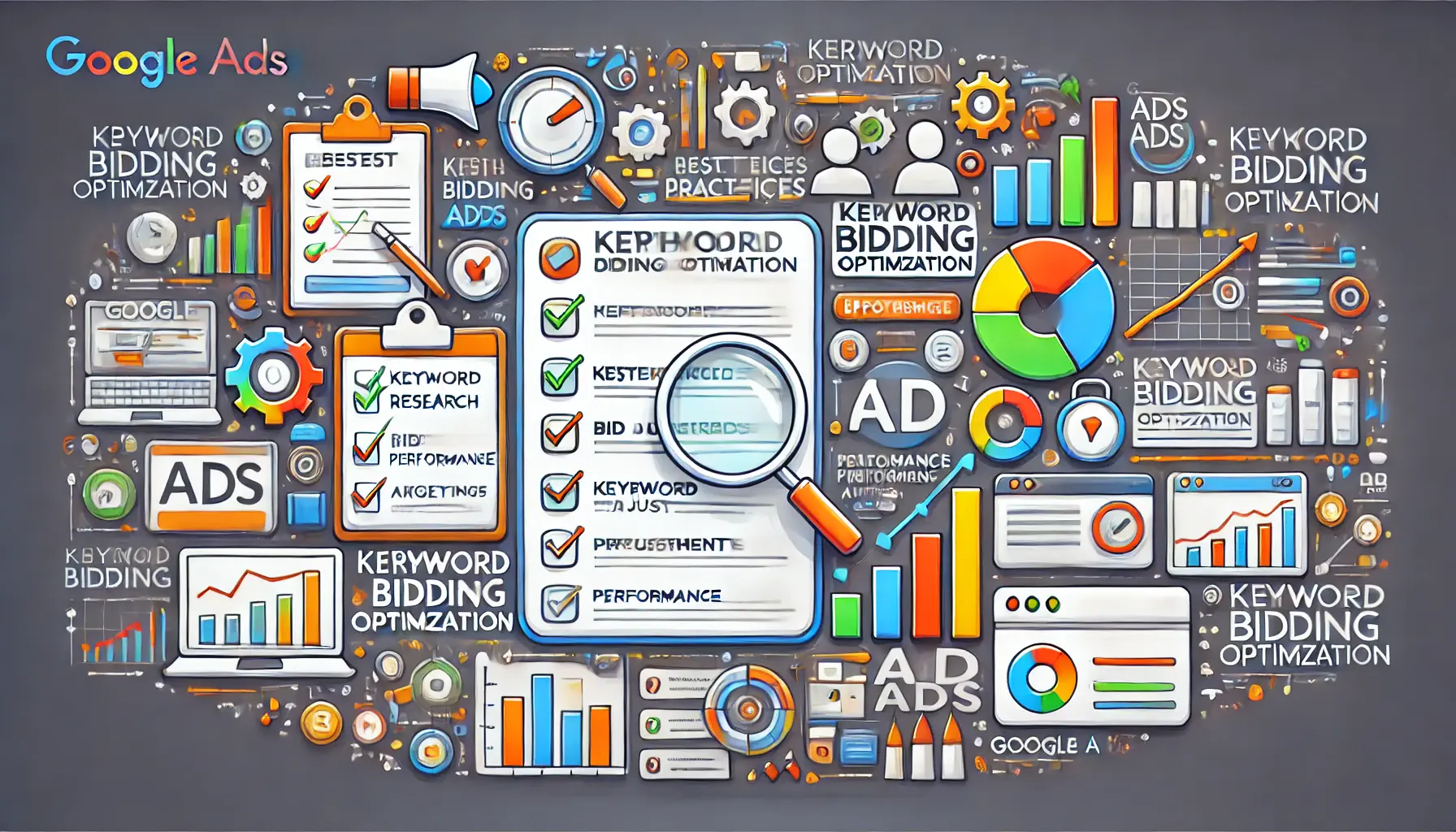 An informative digital marketing illustration depicting best practices for keyword bidding optimization, featuring checklists and performance graphs.