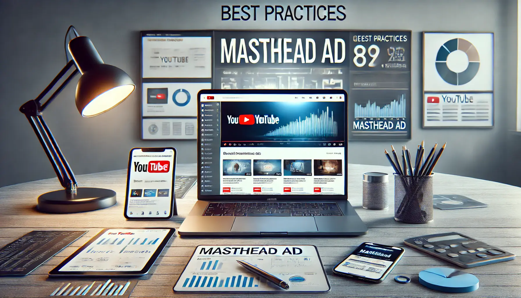 Laptop screen displaying YouTube's homepage with a prominent Masthead ad in a digital marketing workspace with campaign data on other devices.