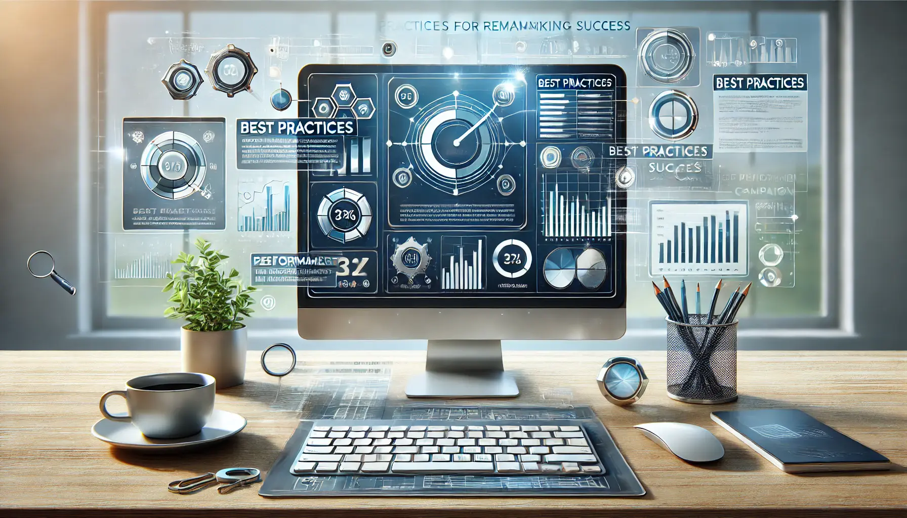 Digital marketing setup with a computer screen showing key metrics, checklist icons, and performance indicators, representing best practices for remarketing.