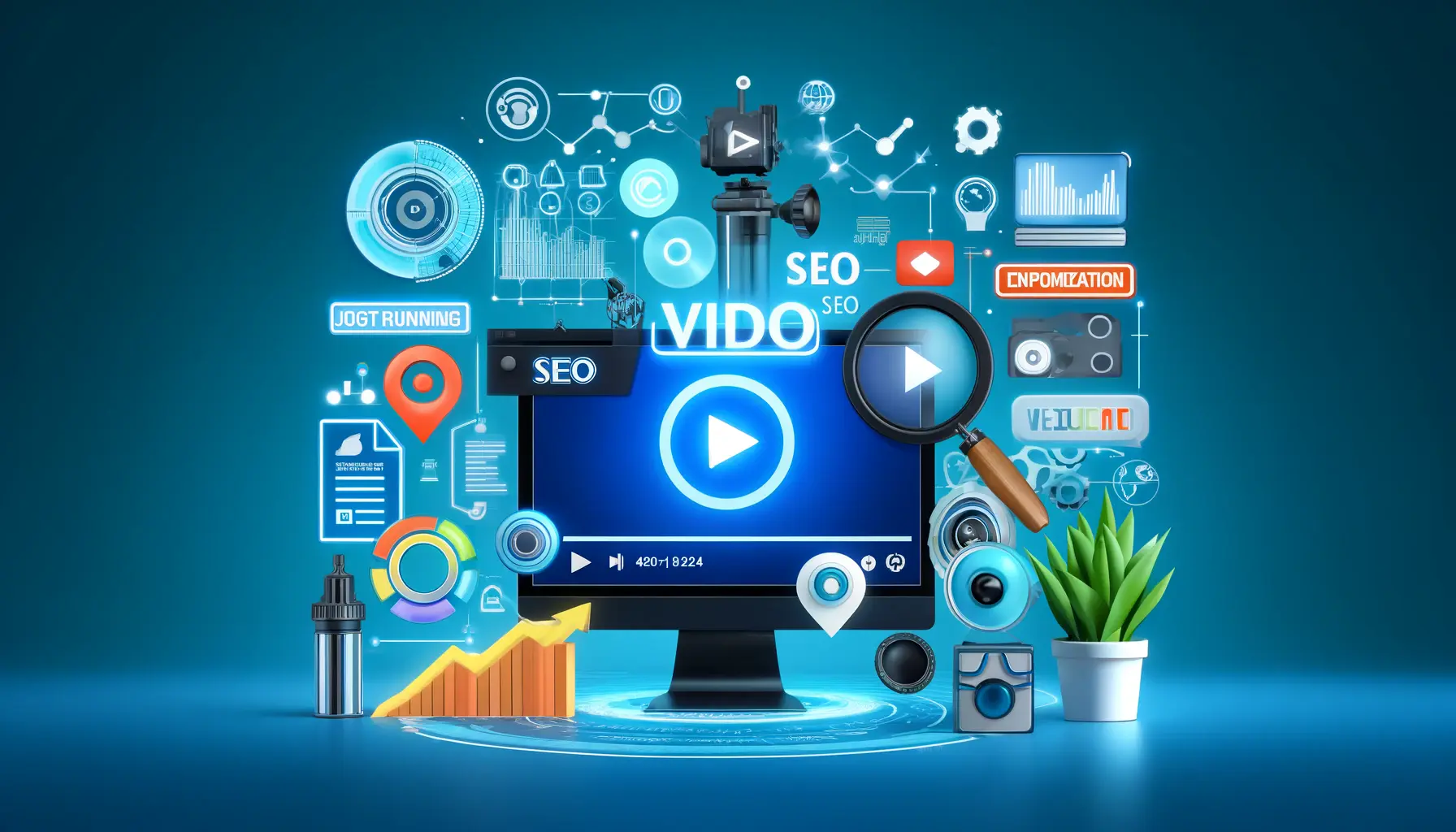 A digital scene with icons of keywords, video thumbnails, analytics tools, and optimization symbols representing video SEO best practices.