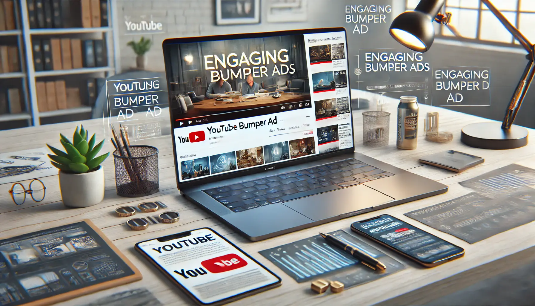 Laptop screen displaying an engaging YouTube bumper ad in a digital marketing workspace with campaign analytics on other devices.