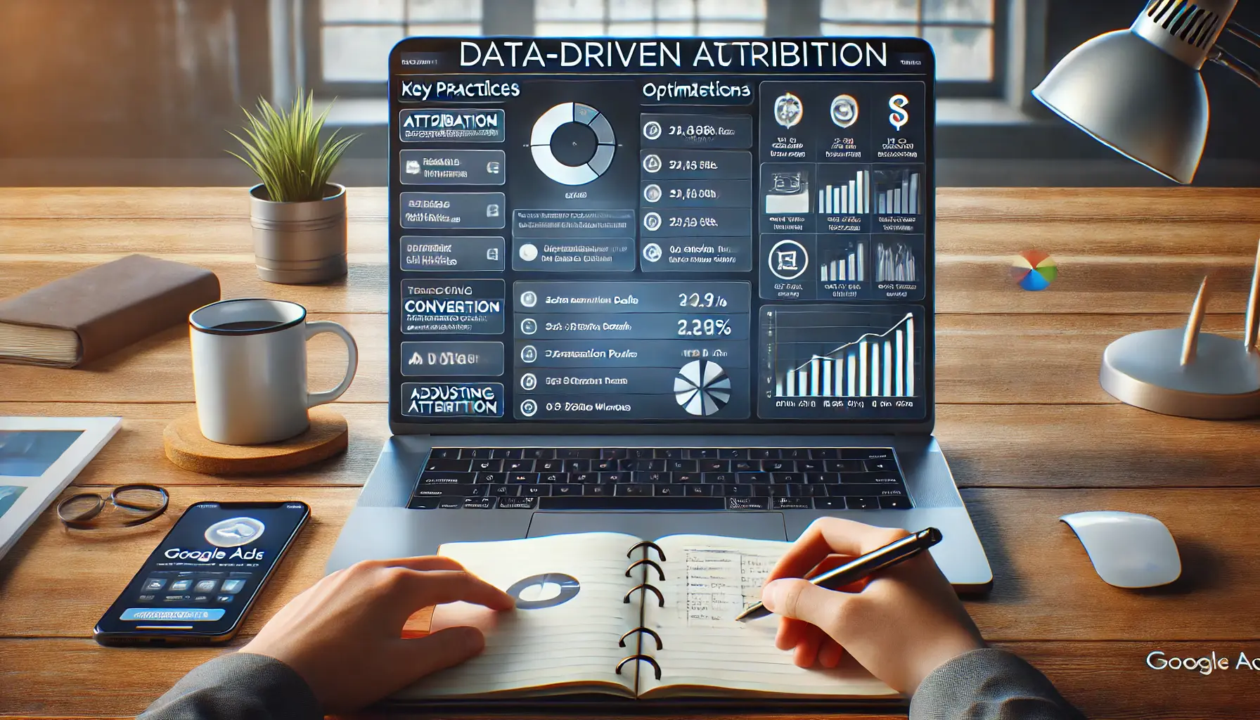 Digital marketer implementing best practices for data-driven attribution on a Google Ads dashboard with metrics for setting goals and tracking conversion paths.