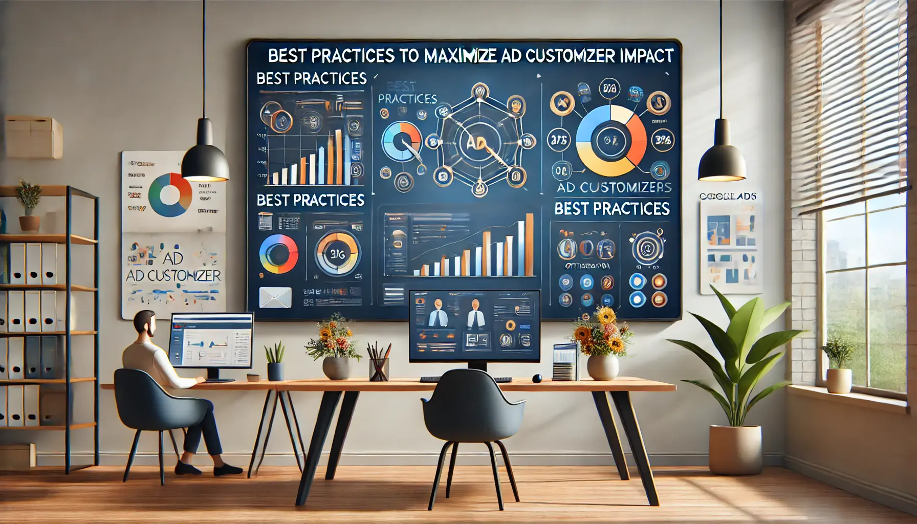 A digital workspace featuring analytics dashboards, optimization tools, and team collaboration, symbolizing best practices for maximizing ad customizer impact.