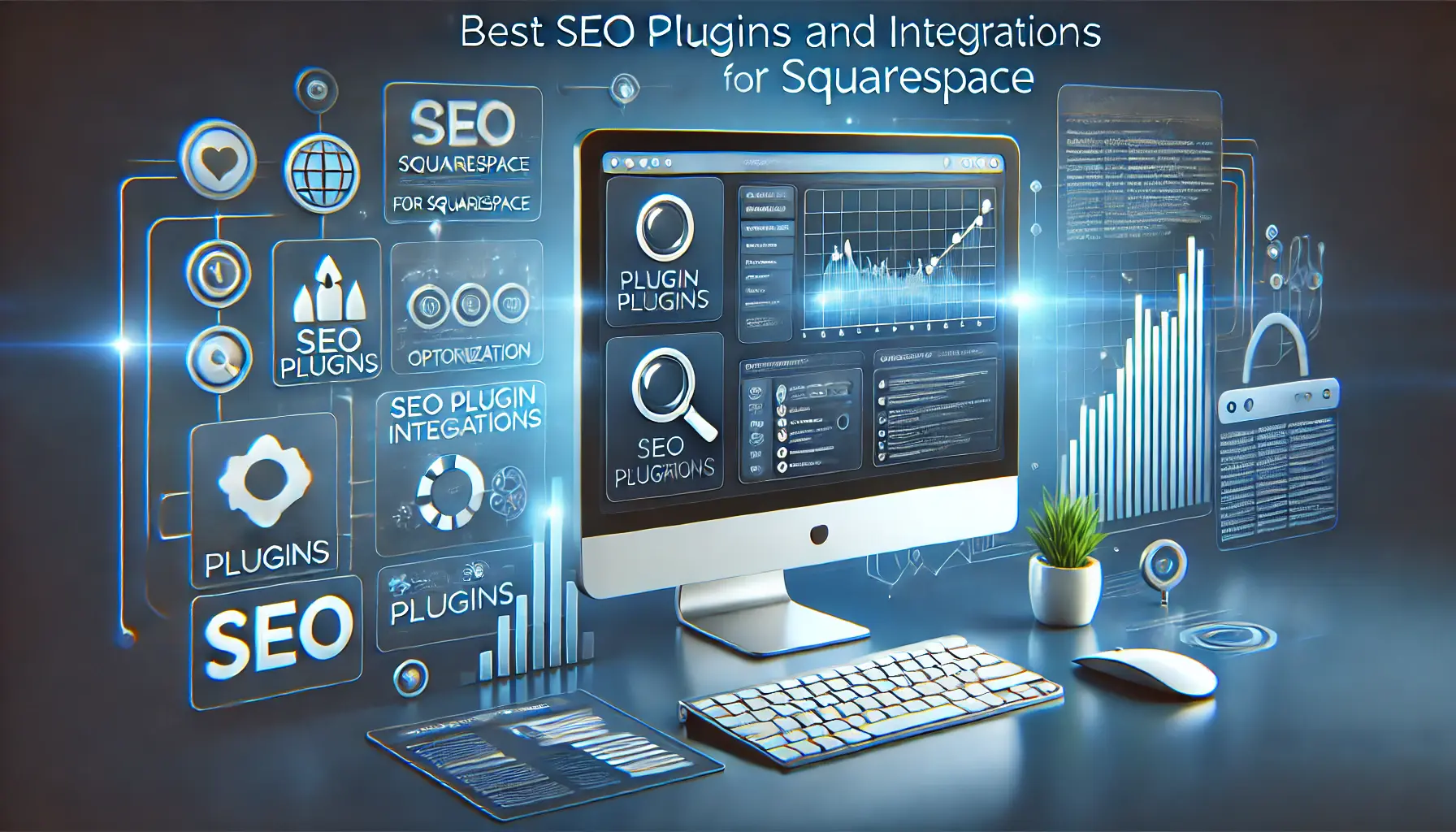 A computer screen showing a Squarespace website with visible SEO plugin integrations, surrounded by optimization tools and charts symbolizing enhanced website performance.