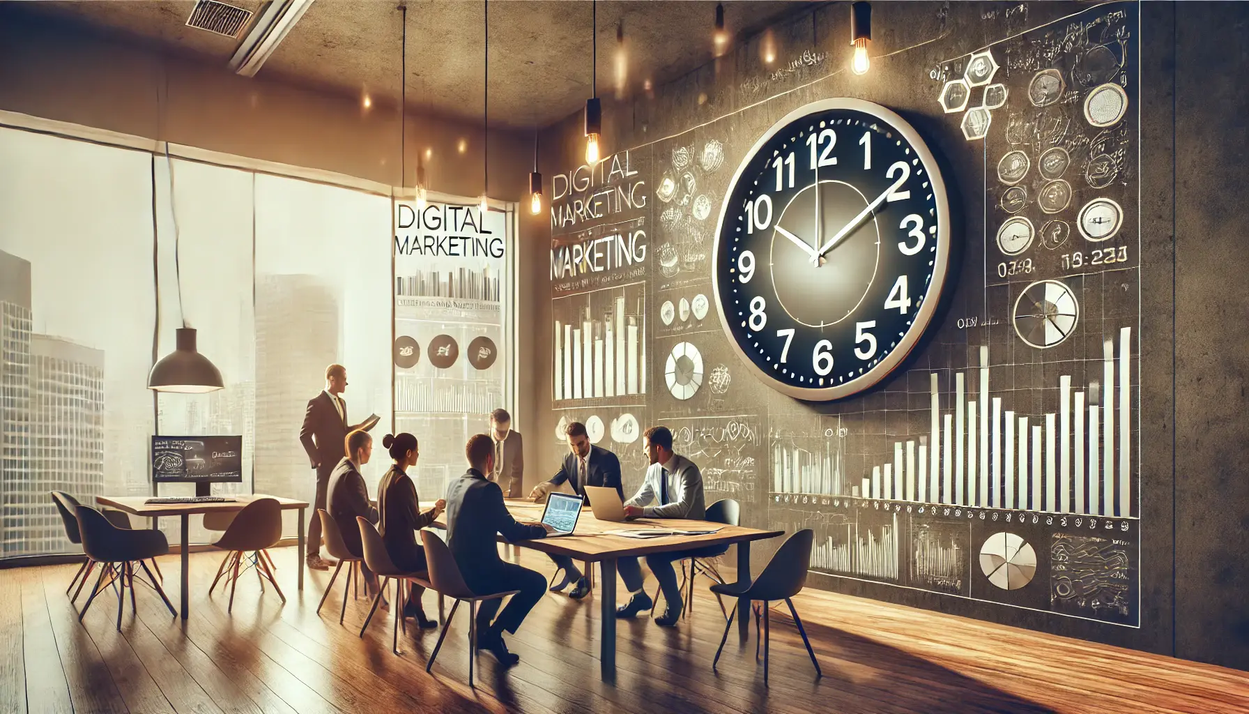 Digital marketing team analyzing a large wall clock and data charts on a computer screen in a modern office.