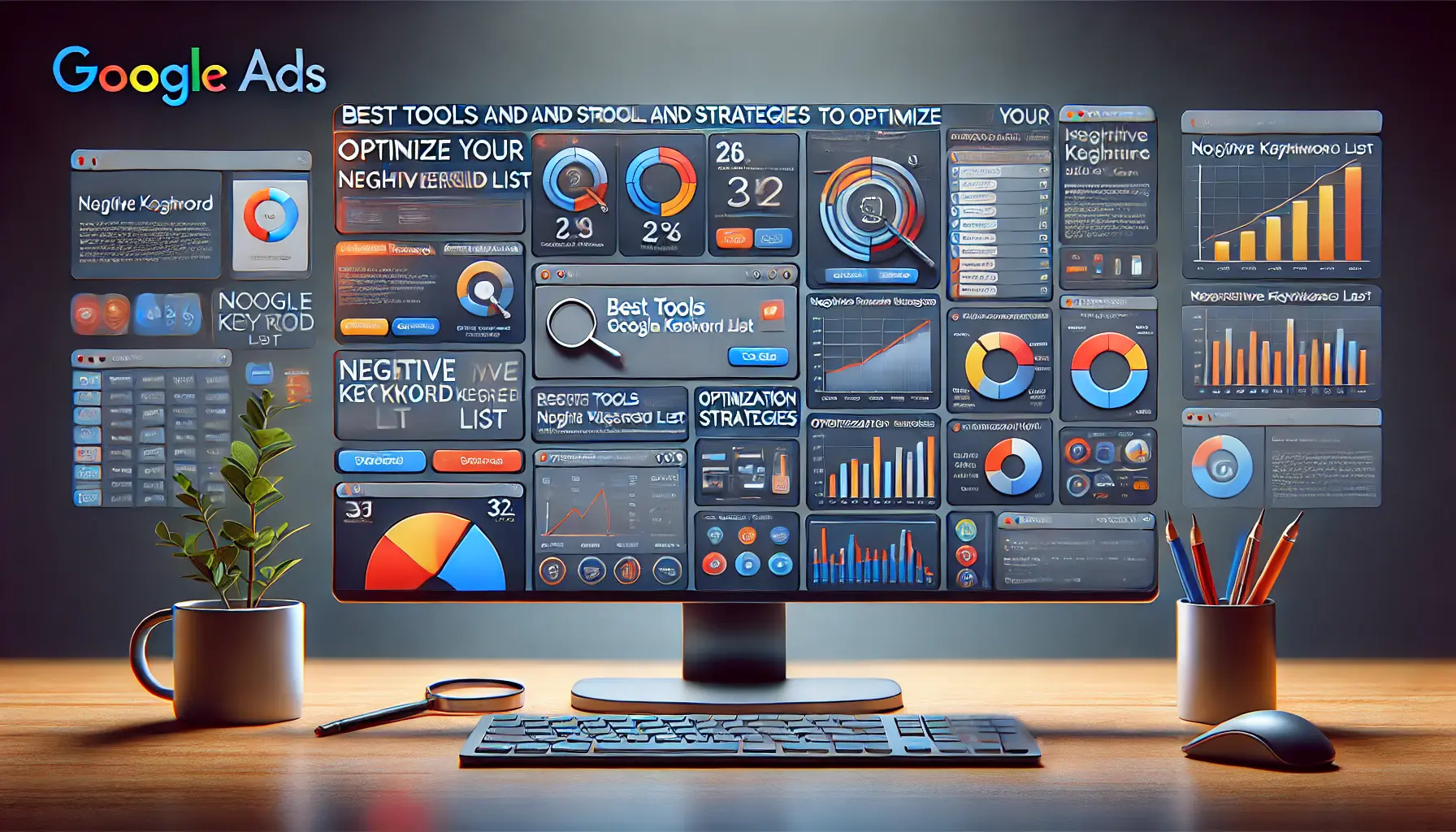 Digital advertising workspace displaying tools and strategies for optimizing negative keyword lists, such as keyword research tools and campaign analytics.