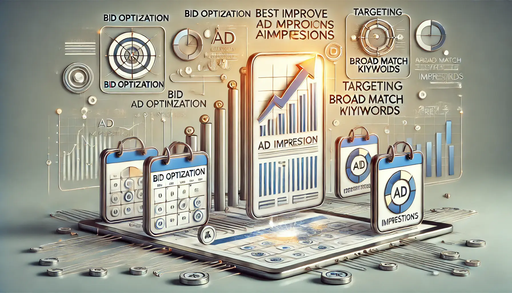 Visualization of strategies to improve ad impressions, featuring bid optimization, ad scheduling, and ad previews across multiple devices.