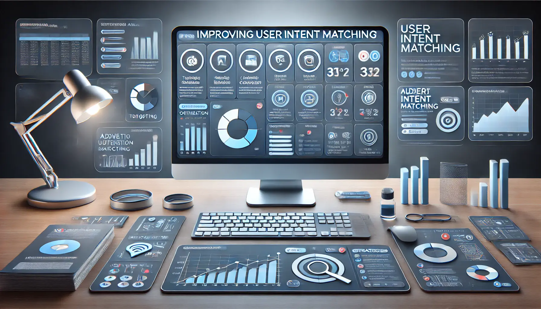 Workspace with computer displaying optimization dashboard with tools like keyword analysis, ad customization, and audience segmentation.