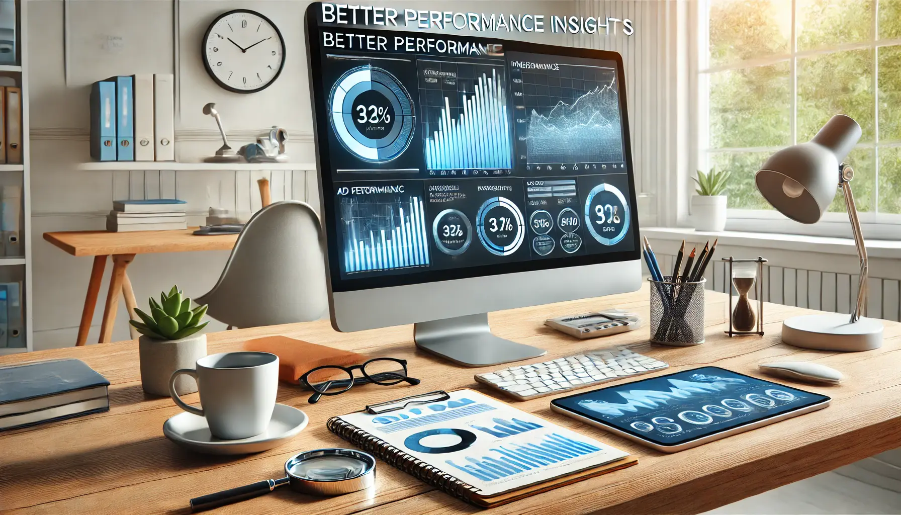 A clean digital marketing workspace with a computer displaying detailed analytics, including graphs and charts showing ad performance metrics, trends, and insights.