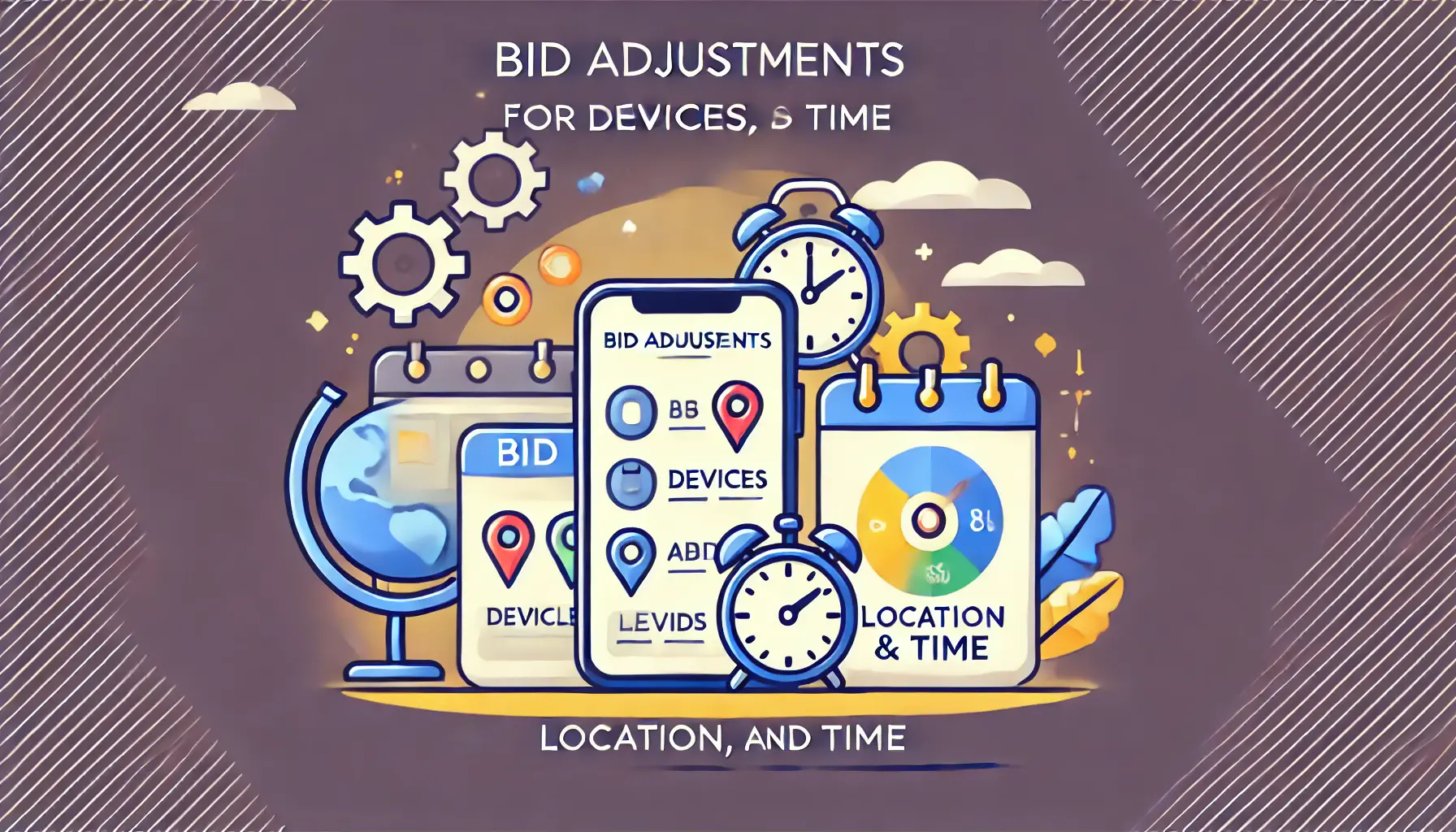 Visual representation of bid adjustments for devices, locations, and time, featuring icons of mobile, tablet, desktop devices, a map for location, and a clock symbolizing time adjustments.