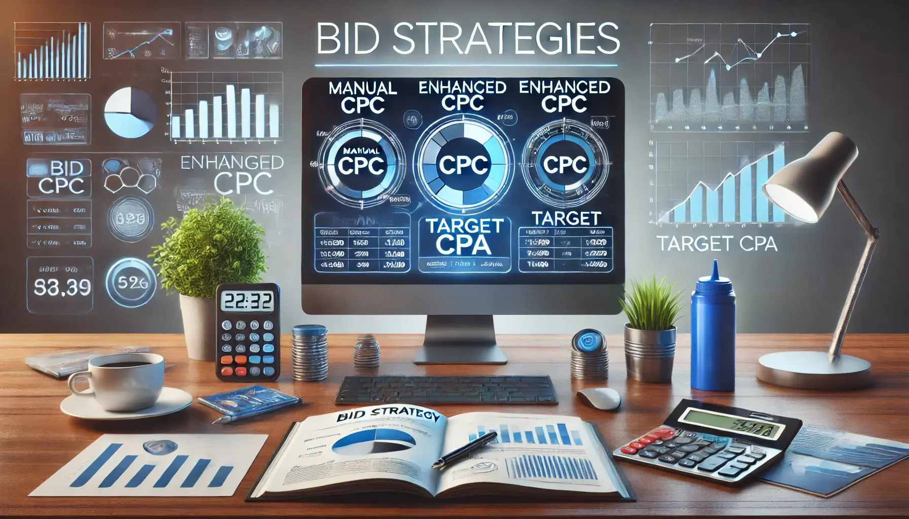 A computer screen displaying various bid strategy options with corresponding graphs and analytics in a digital marketing context.