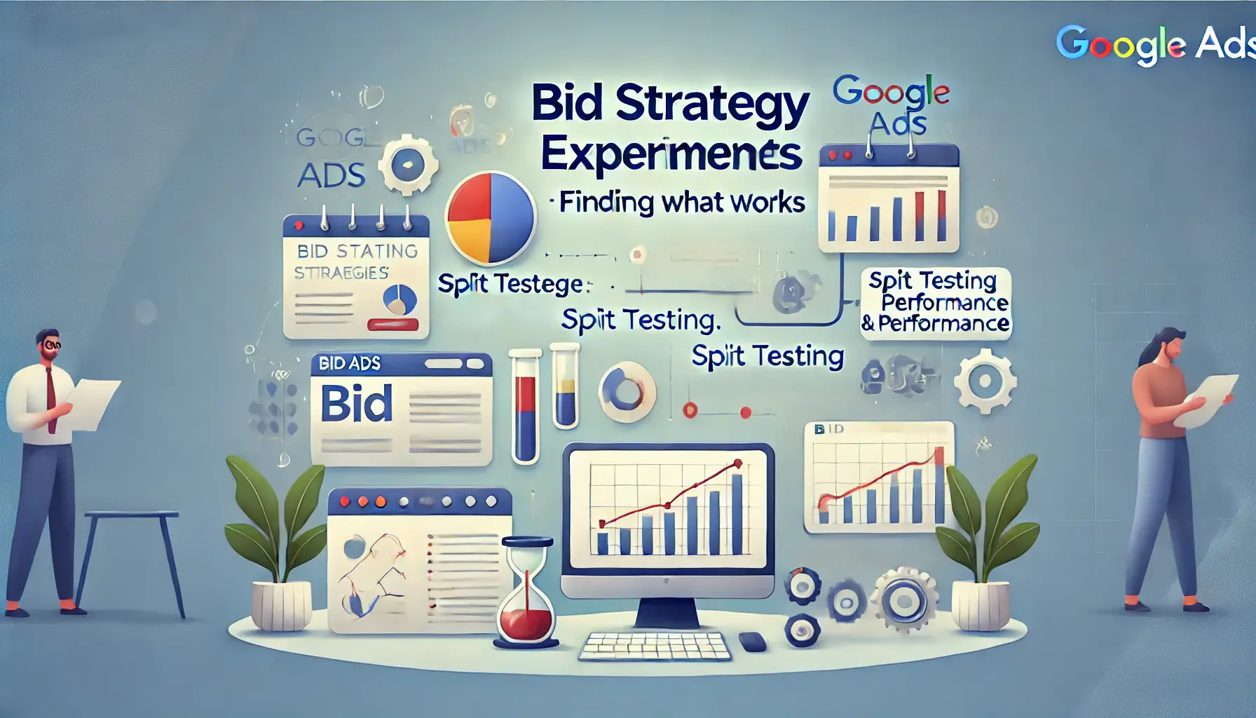 Visual representation of bid strategy experiments, featuring split testing charts, performance graphs, and tools for experimenting with bid strategies.