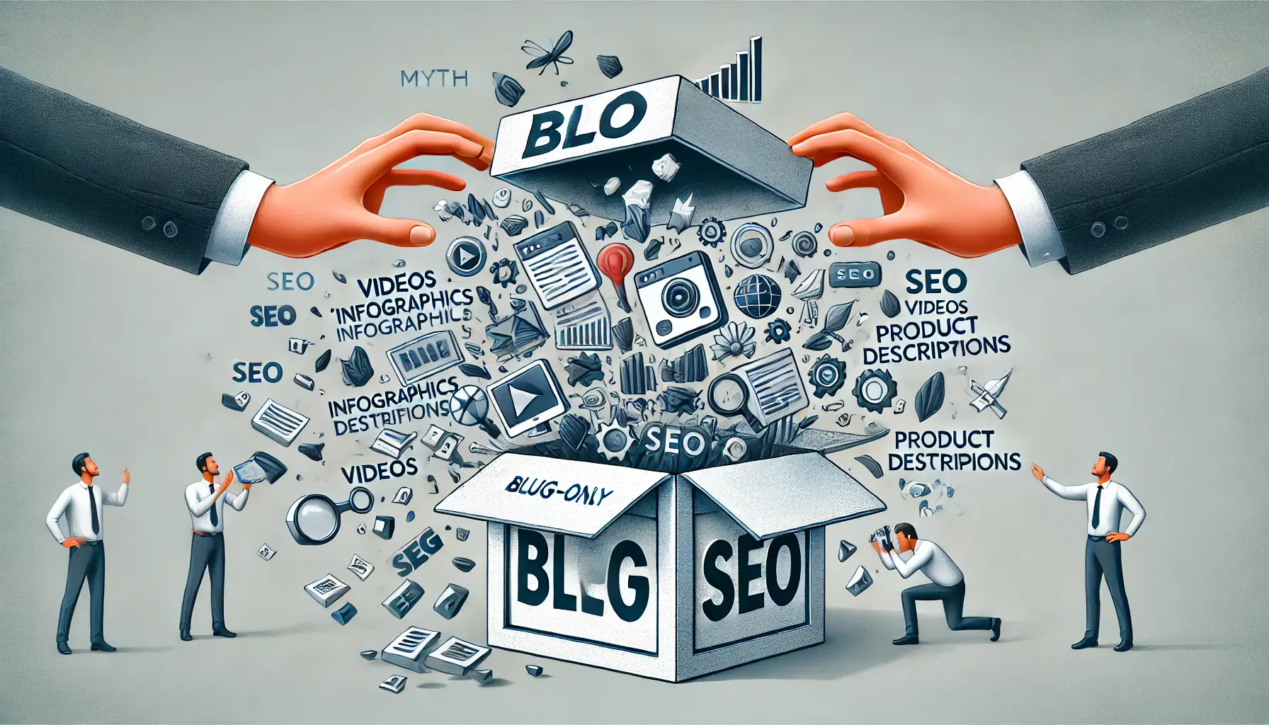 An illustration showing different content formats like videos and infographics breaking free from a blog-shaped container.