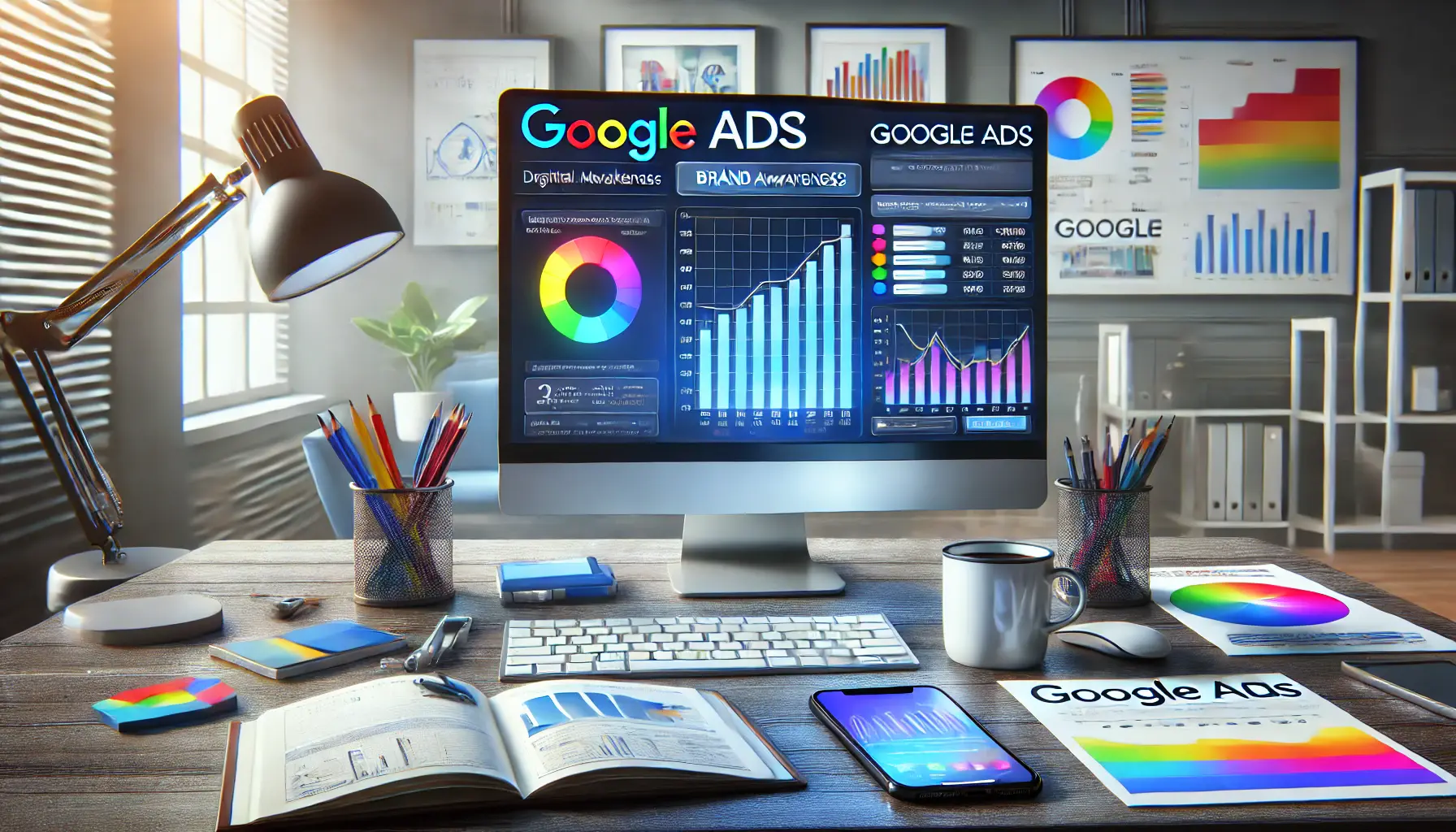 A workspace with a computer displaying Google Ads dashboard, smartphone, notepad, and marketing materials, illustrating a digital marketing setup for brand awareness.