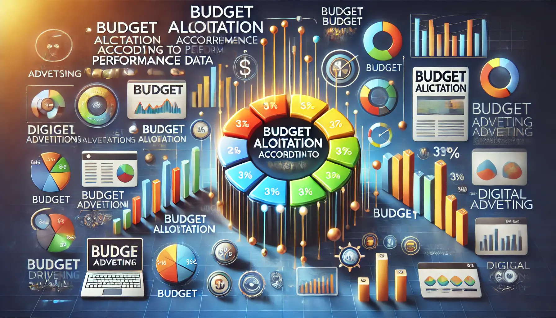 An engaging image depicting budget allocation according to performance data in digital advertising, featuring pie charts and bar graphs.