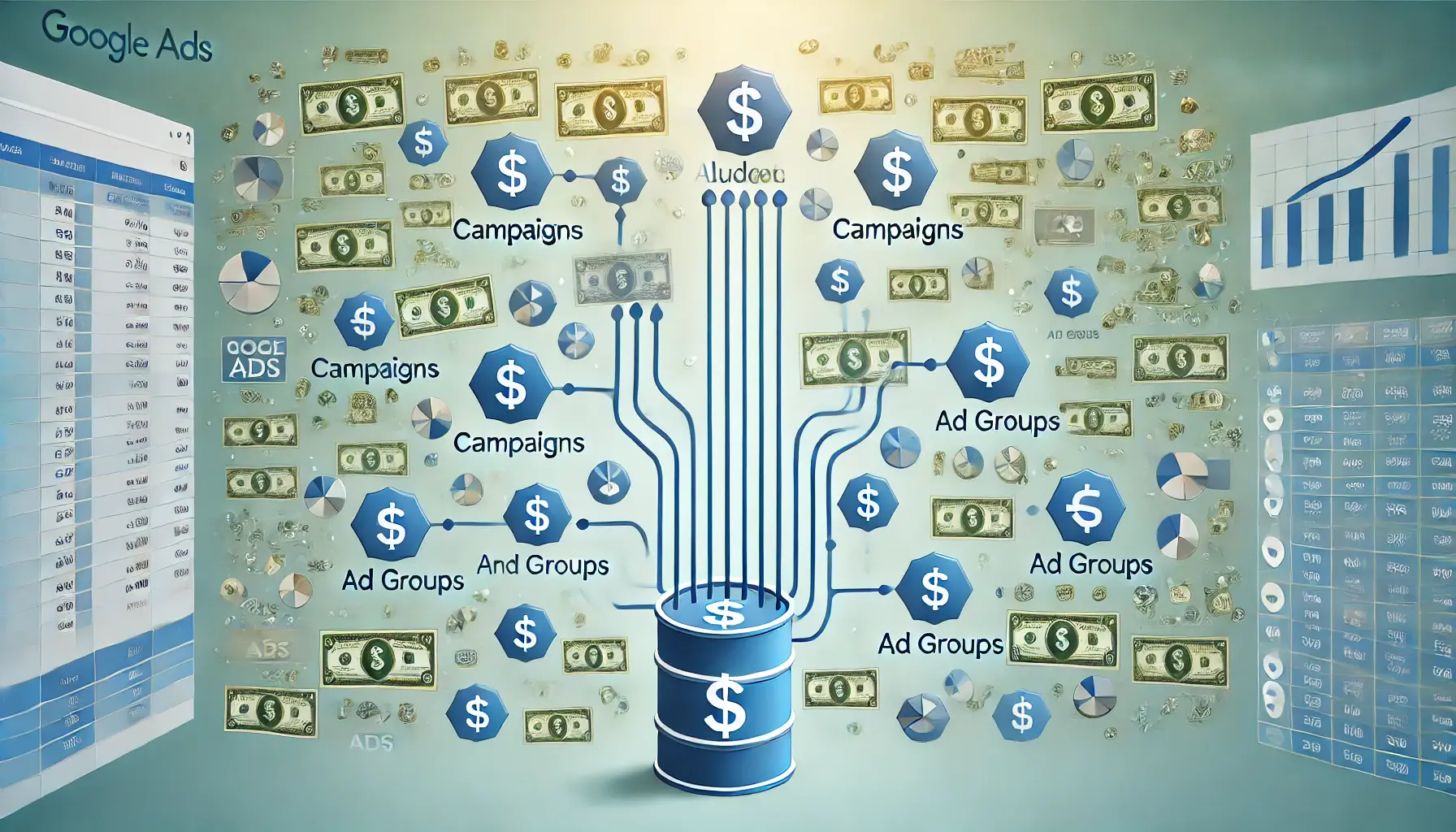 A visual representation of budget allocation with currency symbols distributed into campaign and ad group icons.