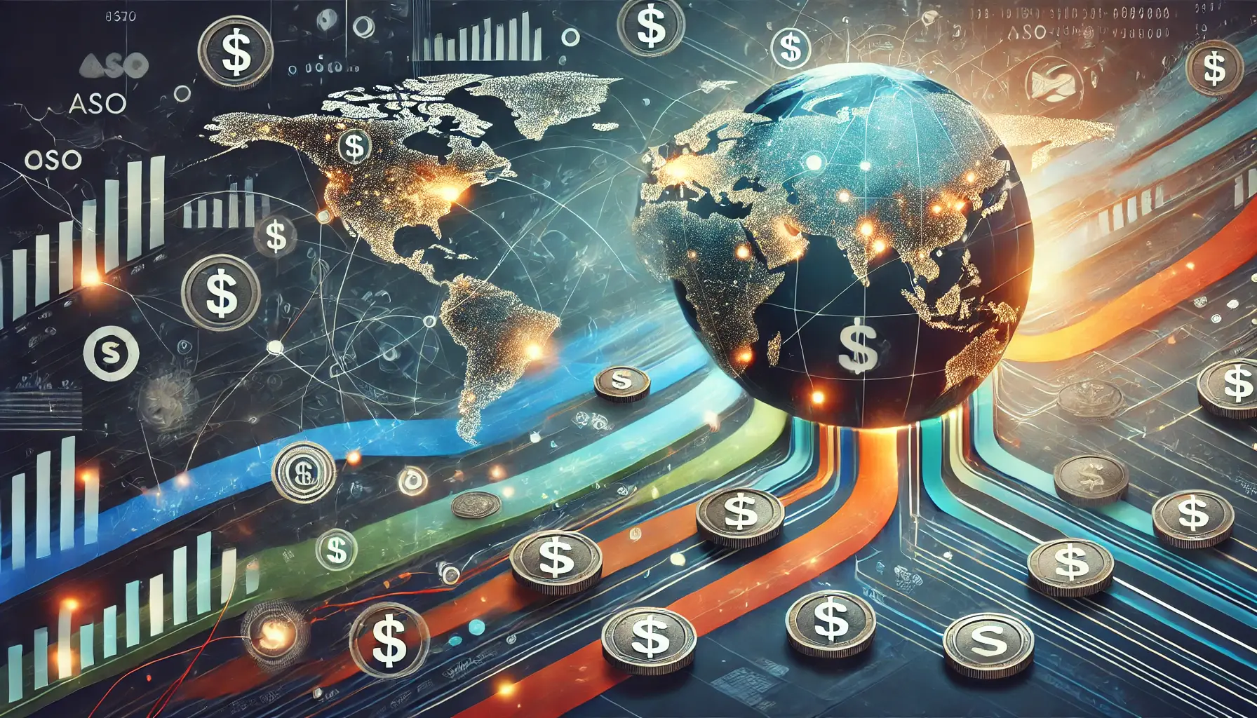 Abstract image symbolizing budget allocation for localized ASO campaigns with visuals of a world map, highlighted regions, and coins being distributed.